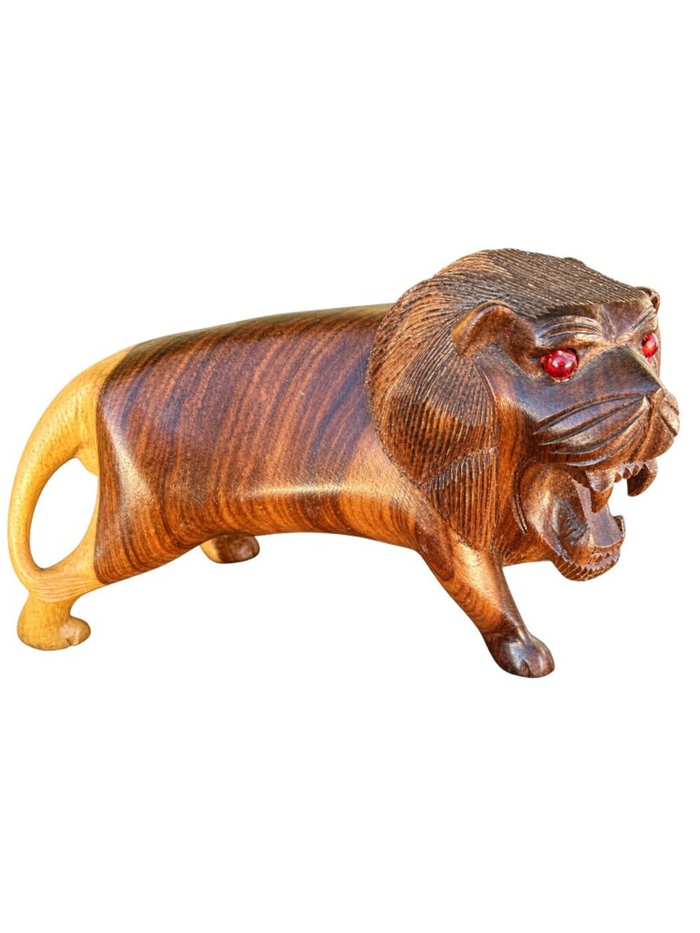 Vintage Hand Carved Solid Wood Roaring Lion Sculpture Red Eyes Folk Art 9"